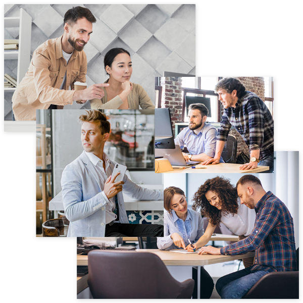 Technology professionals collaborating in modern workspaces
